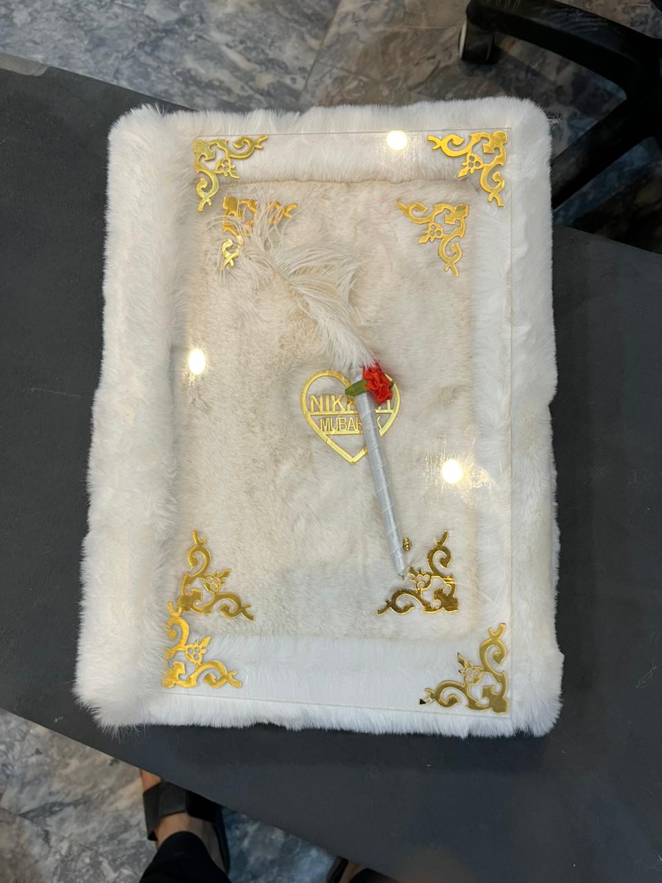 premium white fur & acrylic nikah contract frame